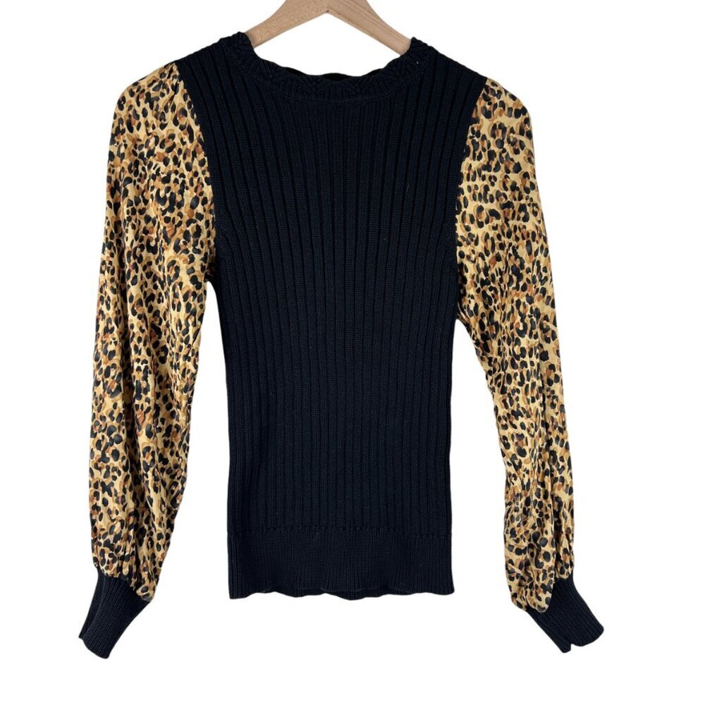 Anthropologie Current Air Black Animal Print Sleeve Pullover Sweater